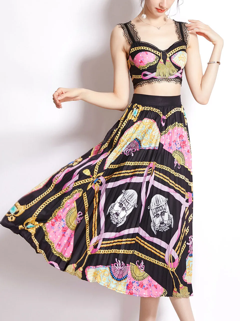 2PS Black Lace Strap Fan Floral Print Sleeveless Top And Pleated Skirt Set