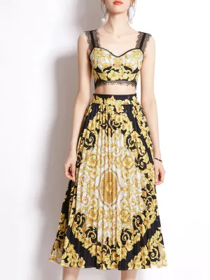 2PS Gold Lace Strap Floral Print Sleeveless Top And Pleated Skirt Set