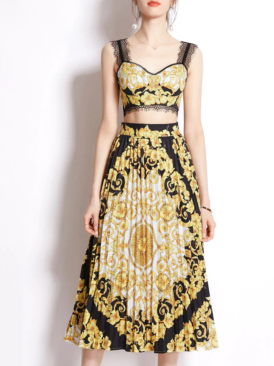 2PS Gold Lace Strap Floral Print Sleeveless Top And Pleated Skirt Set