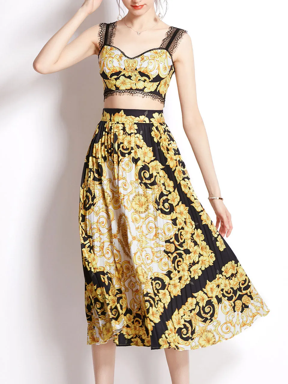 2PS Gold Lace Strap Floral Print Sleeveless Top And Pleated Skirt Set