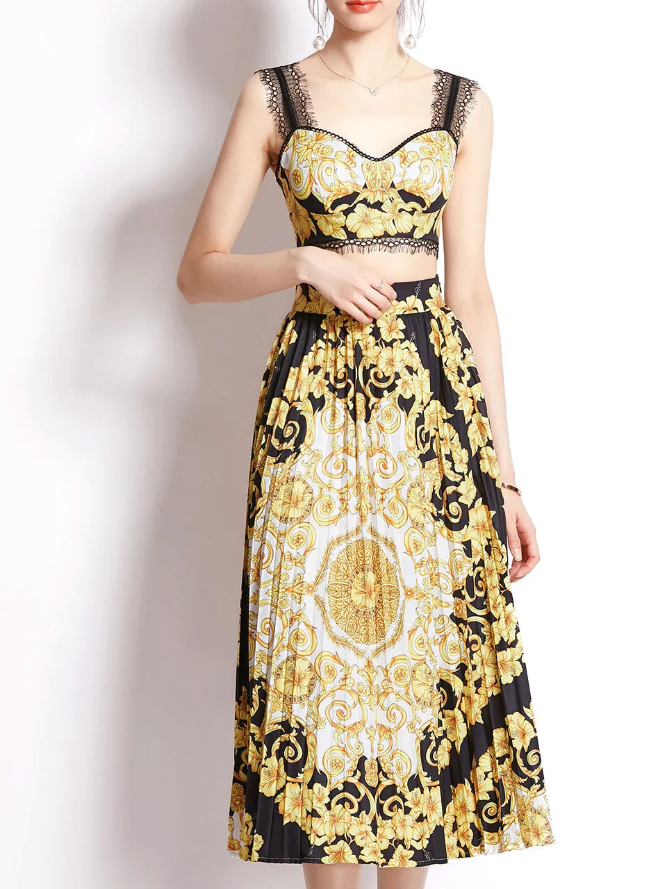 2PS Gold Lace Strap Floral Print Sleeveless Top And Pleated Skirt Set