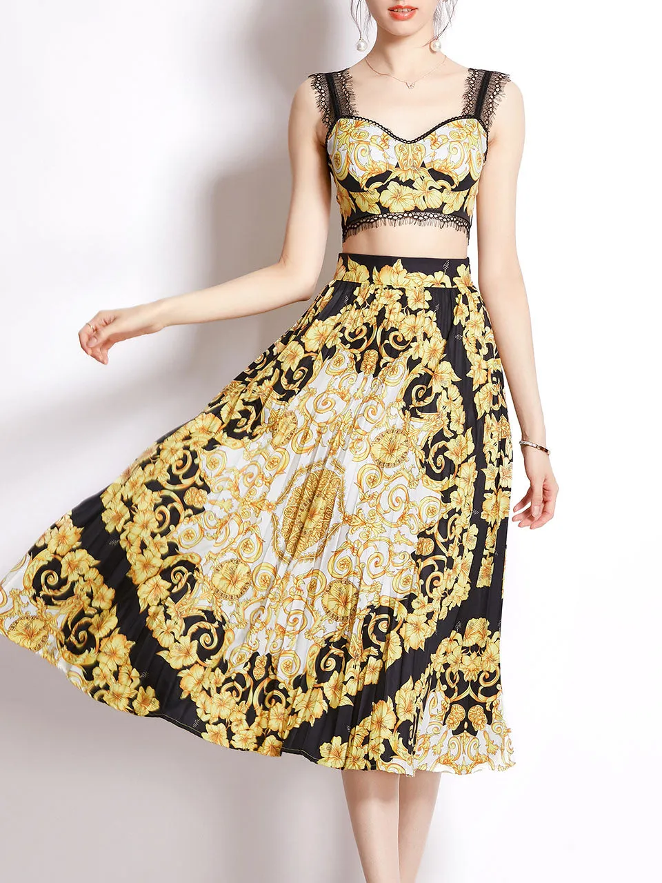 2PS Gold Lace Strap Floral Print Sleeveless Top And Pleated Skirt Set