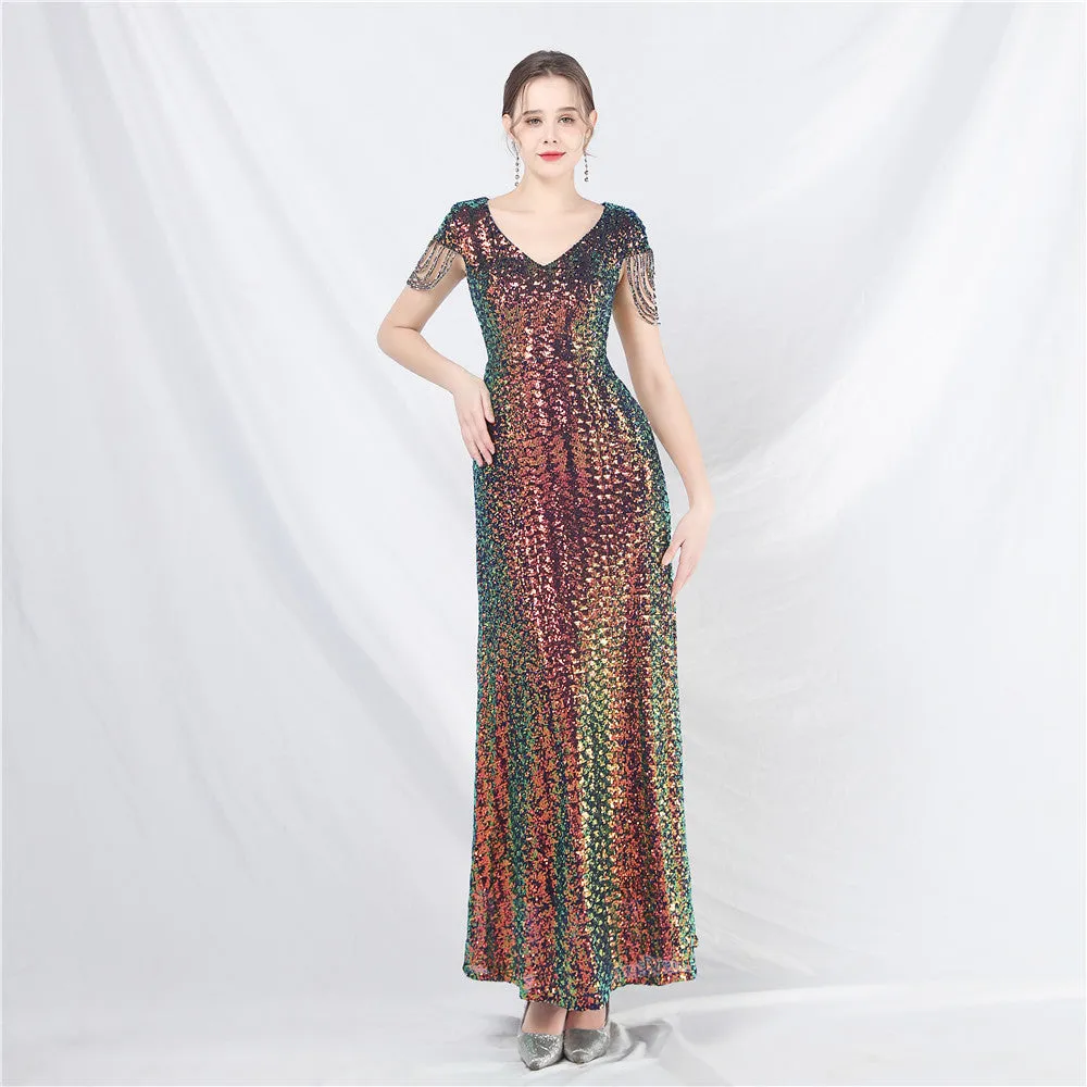 31621# New A- line Large Hem Dress Craft Beaded Sequined Long A- line Evening Dress