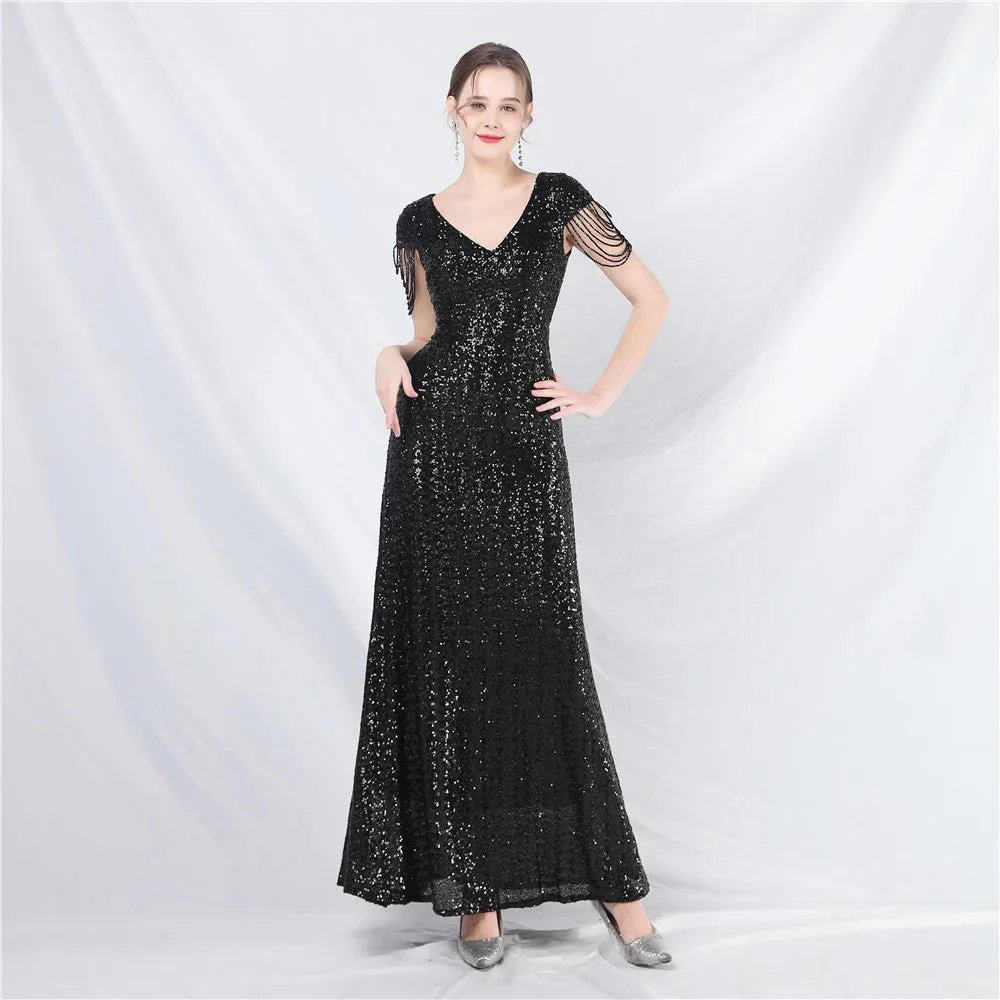 31621# New A- line Large Hem Dress Craft Beaded Sequined Long A- line Evening Dress