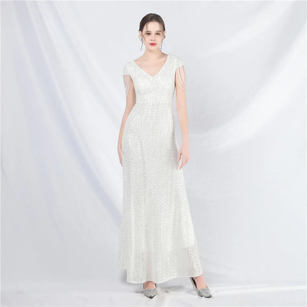 31621# New A- line Large Hem Dress Craft Beaded Sequined Long A- line Evening Dress