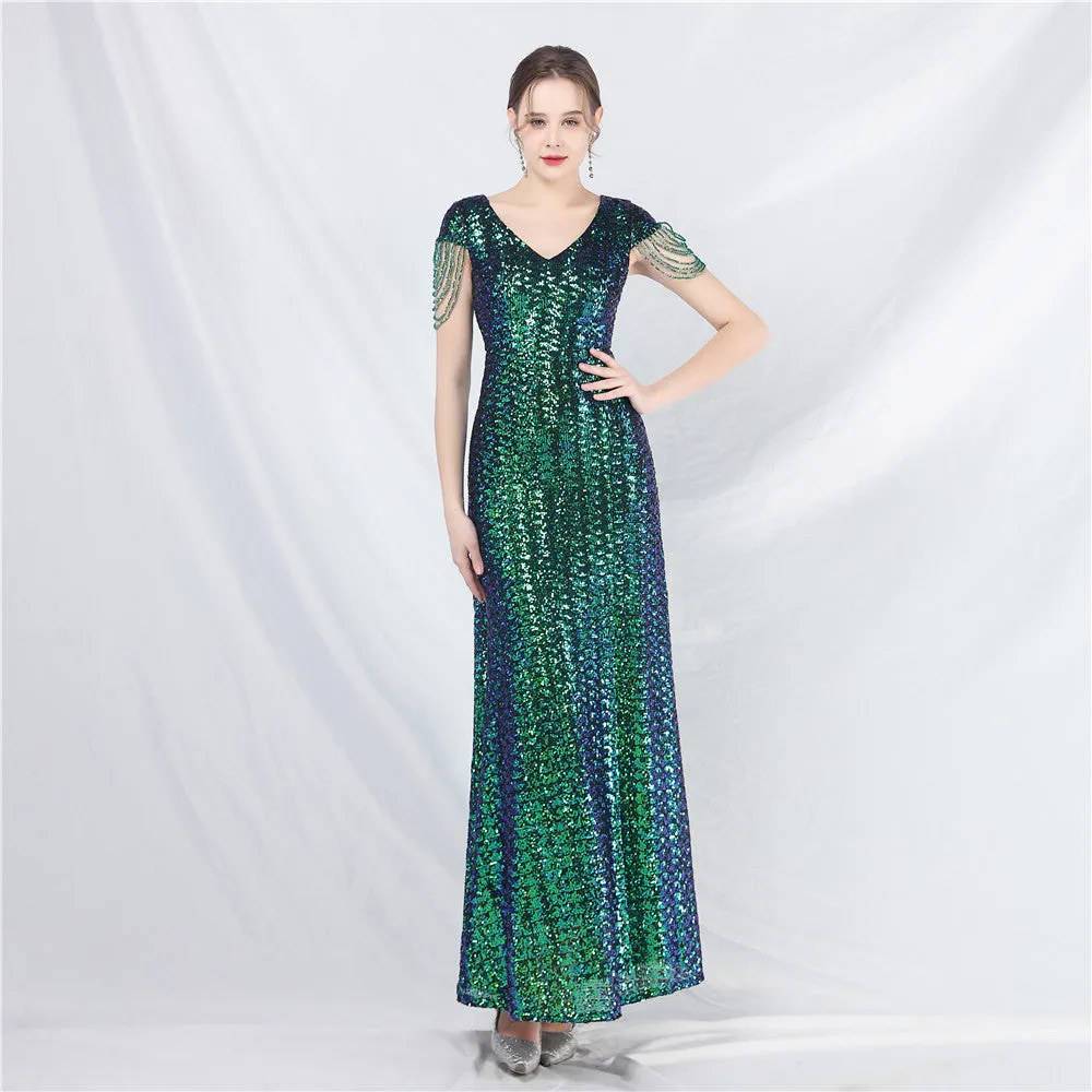 31621# New A- line Large Hem Dress Craft Beaded Sequined Long A- line Evening Dress