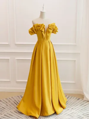 A-Line Off Shoulder Satin Yellow Long Prom Dress, Yellow Formal Evening Dress