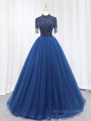 A-Line Tulle Blue Long Prom Dress Blue Formal Evening Dress with Beading