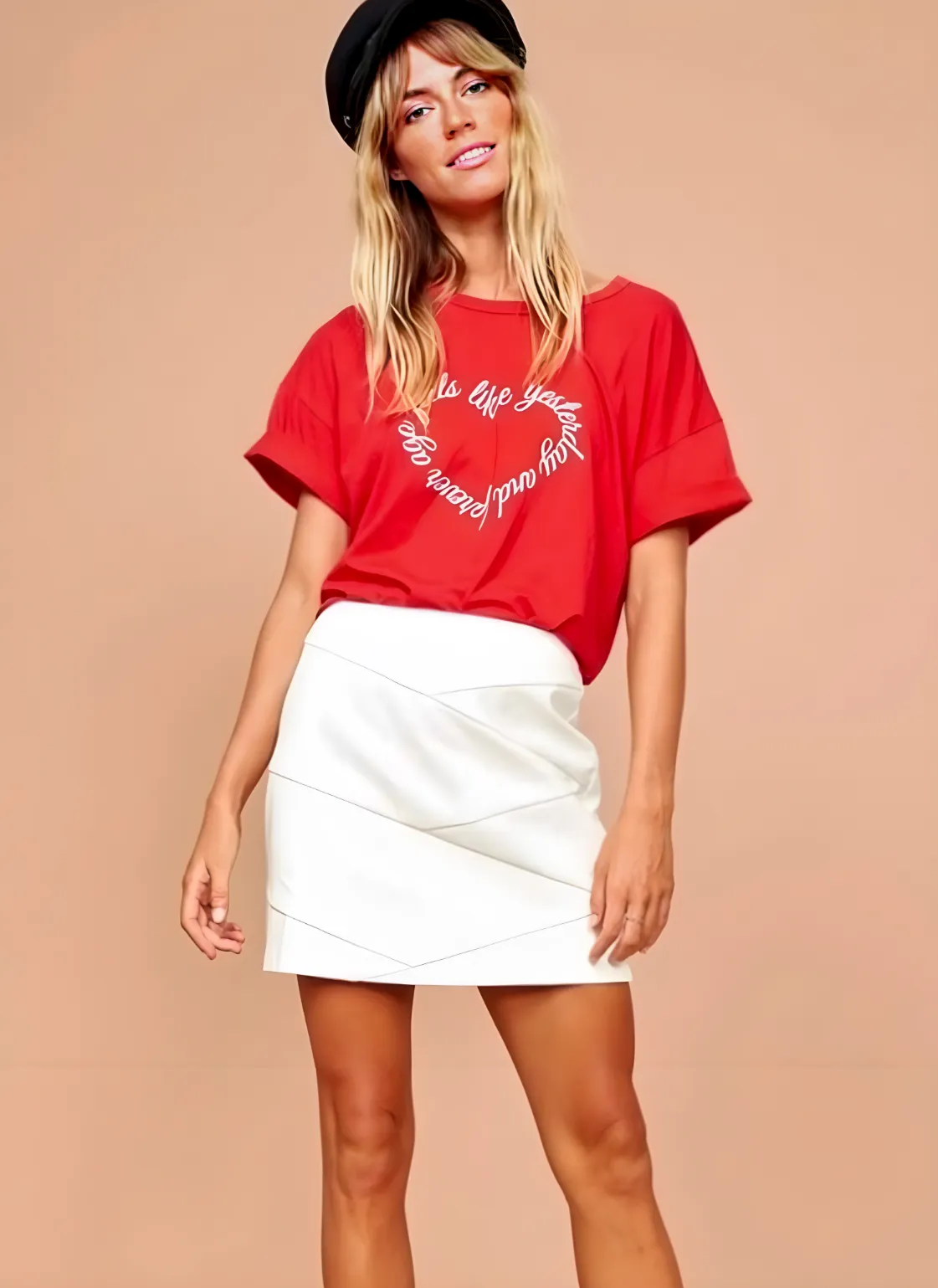 Angled-Seam White Denim Skirt