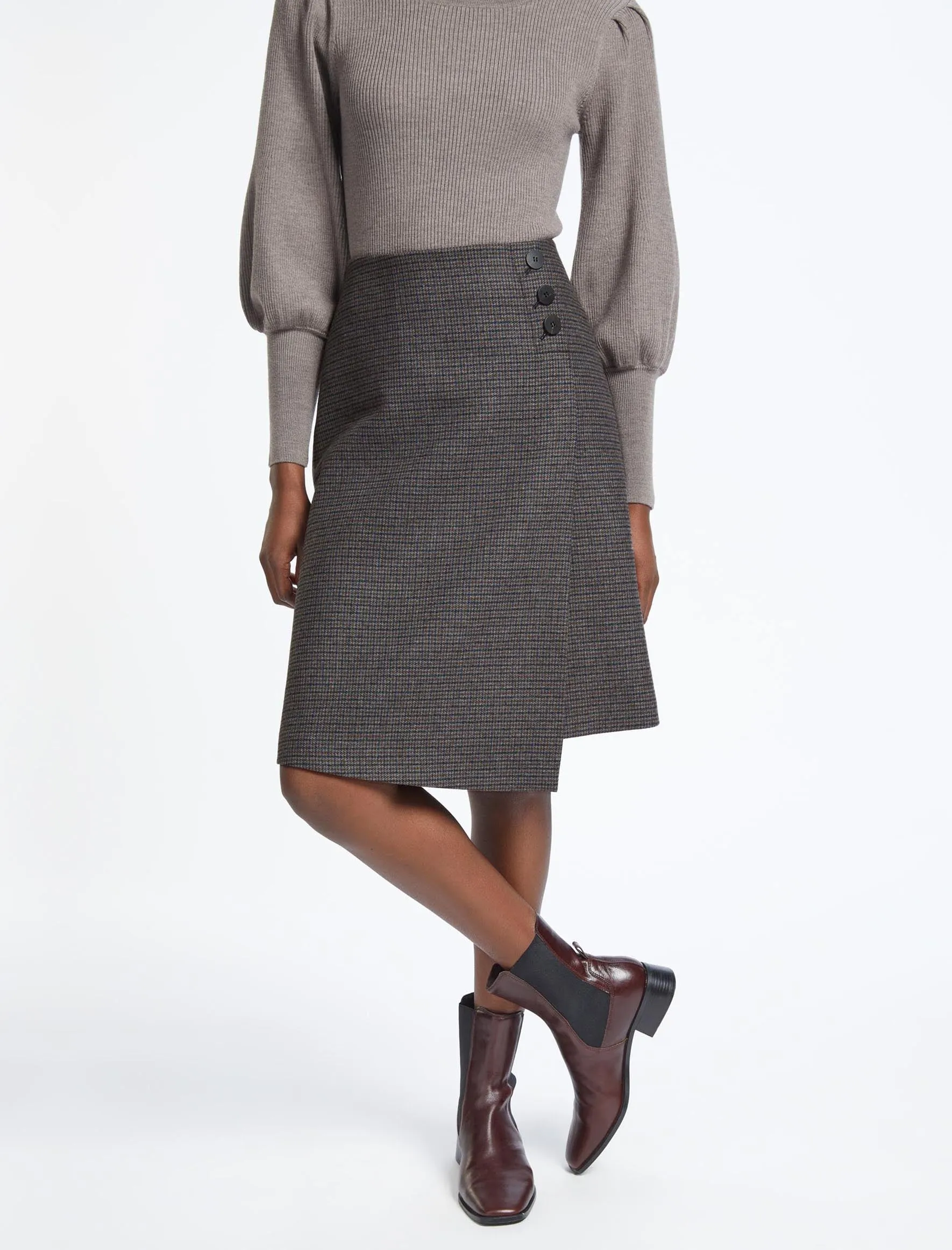 Audrey Wool A Line Skirt - Charcoal Navy Black Check