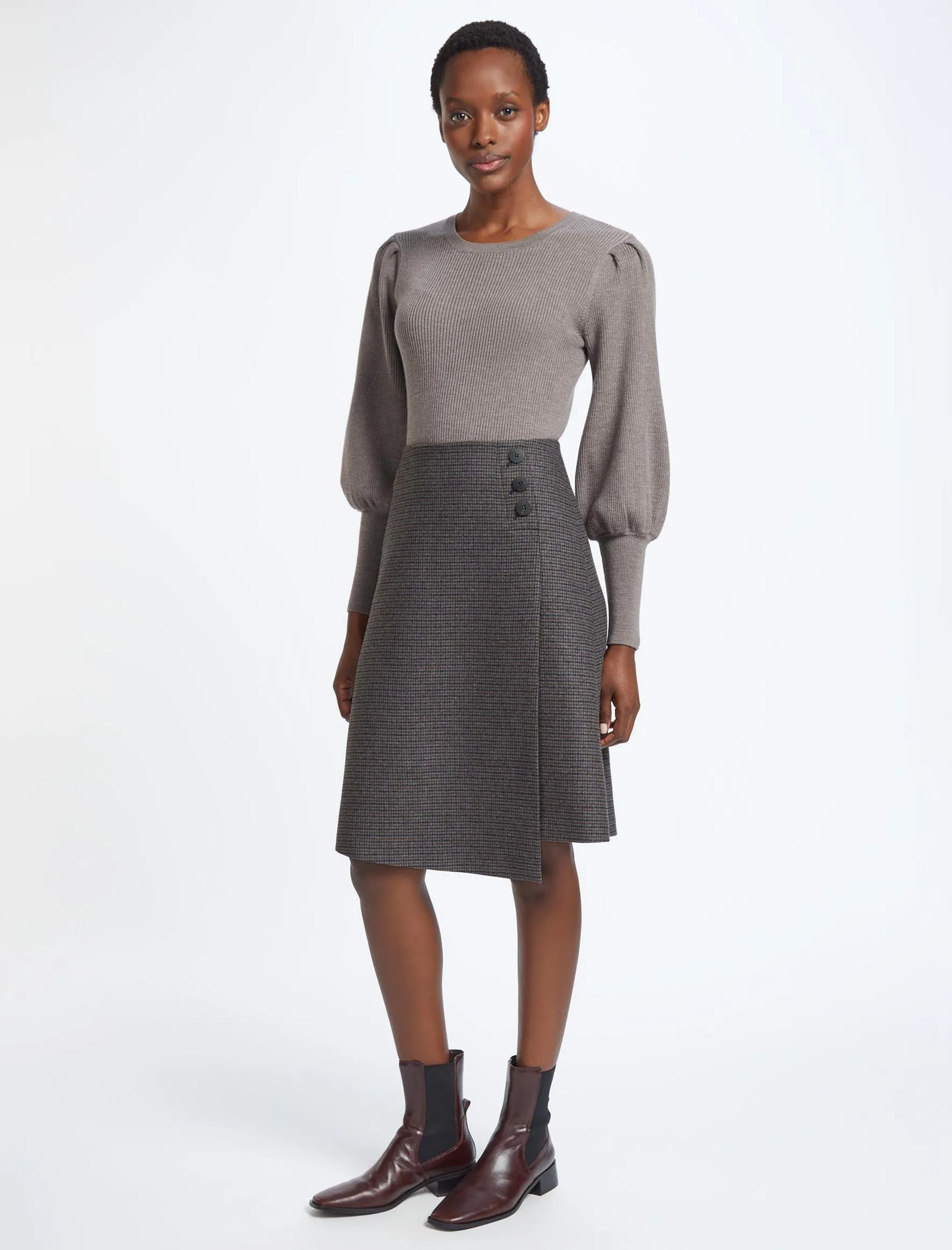 Audrey Wool A Line Skirt - Charcoal Navy Black Check