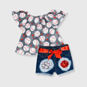 Baseball Hearts Gray Denim Shorts Sequin Kids Outfit