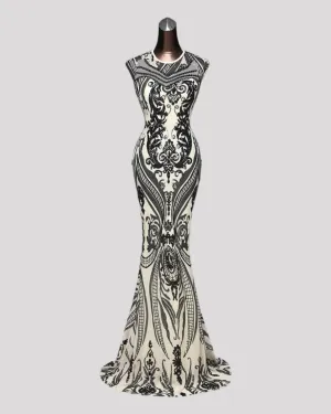 Beautiful Sequin Mermaid Style Evening Dress with high Neck and Cut out Back Feature