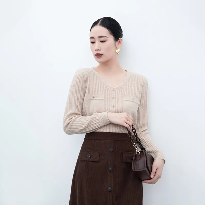 Beige Wool V Neck Sweater