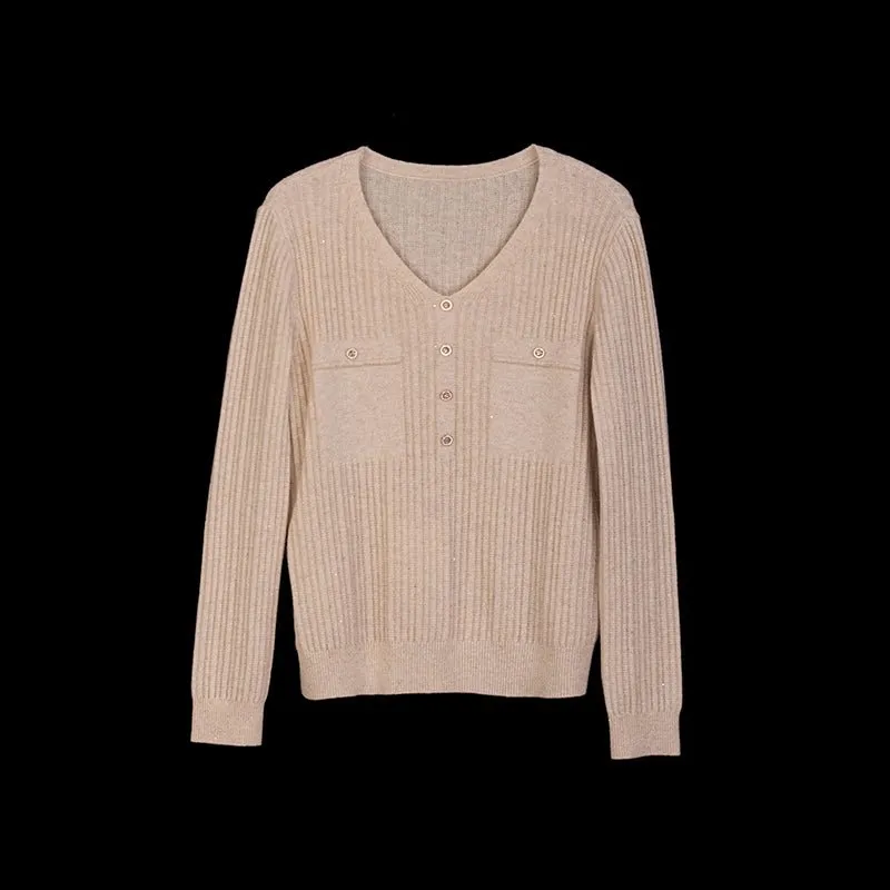 Beige Wool V Neck Sweater