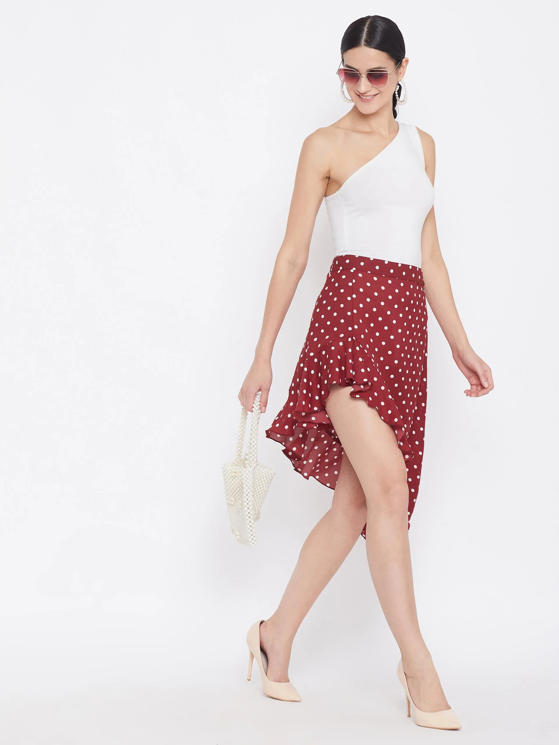 Berrylush Women Red Polka Dot Asymmetrical Ruffled A-Line Midi Skirt