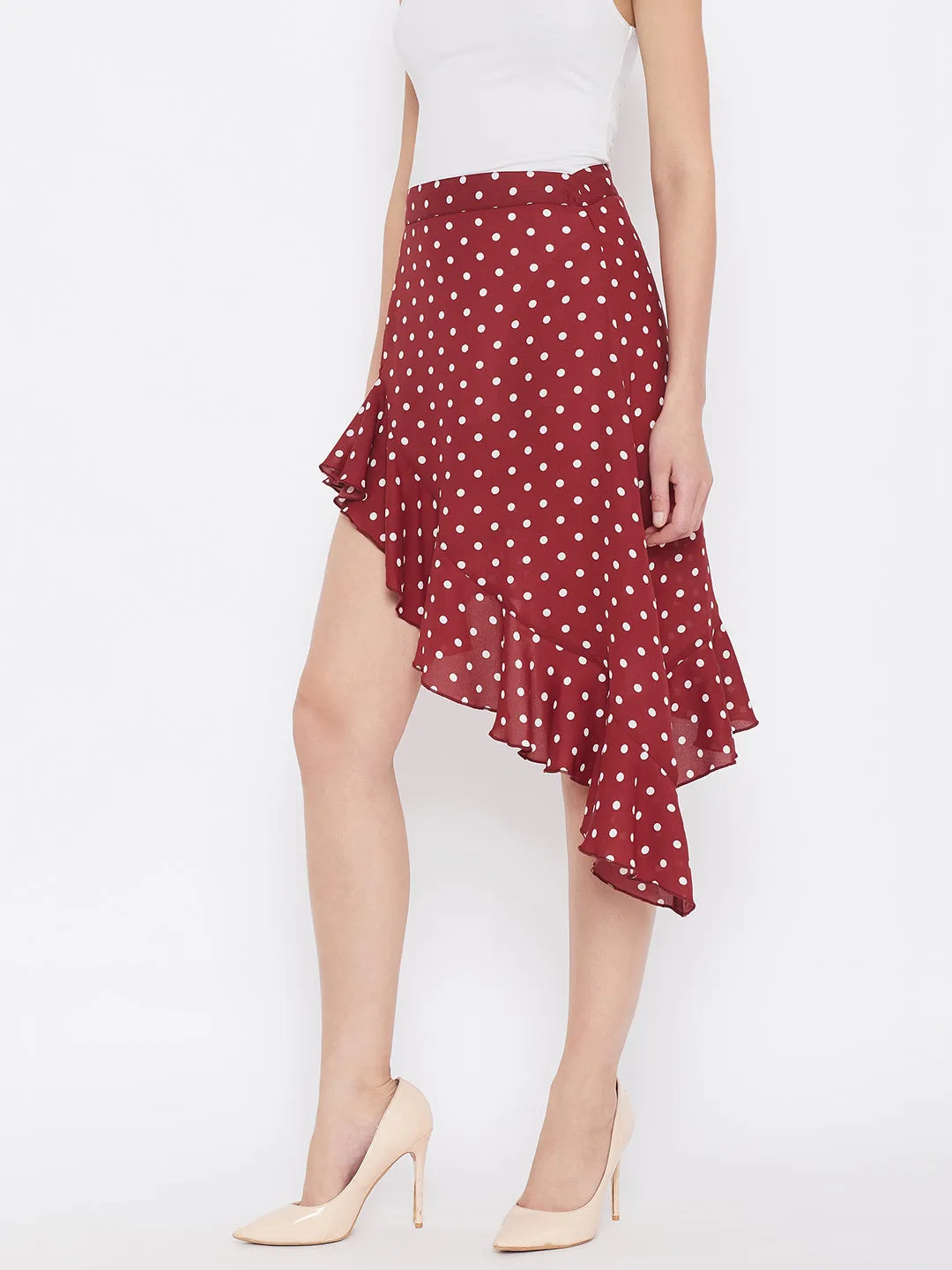 Berrylush Women Red Polka Dot Asymmetrical Ruffled A-Line Midi Skirt