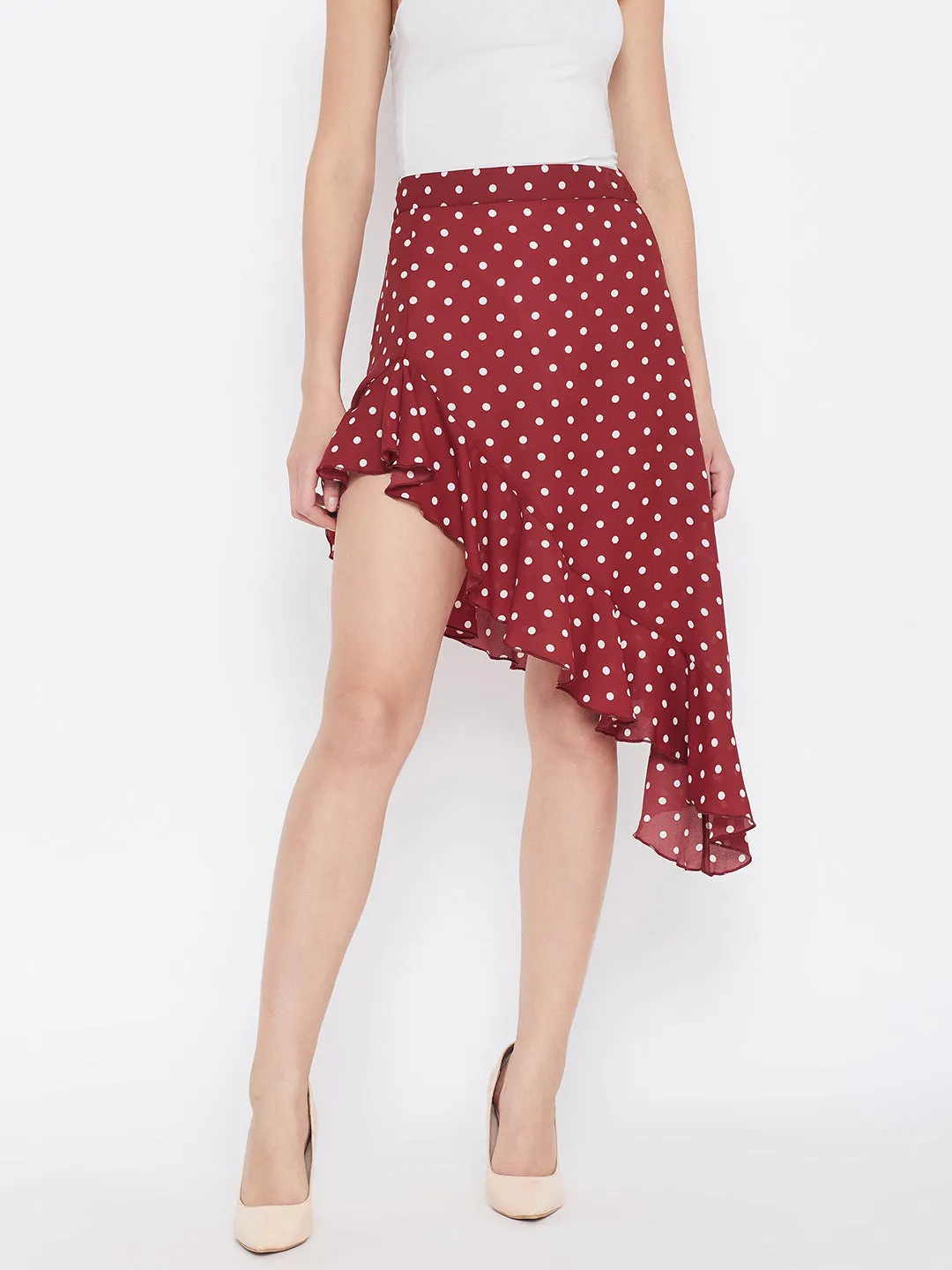 Berrylush Women Red Polka Dot Asymmetrical Ruffled A-Line Midi Skirt