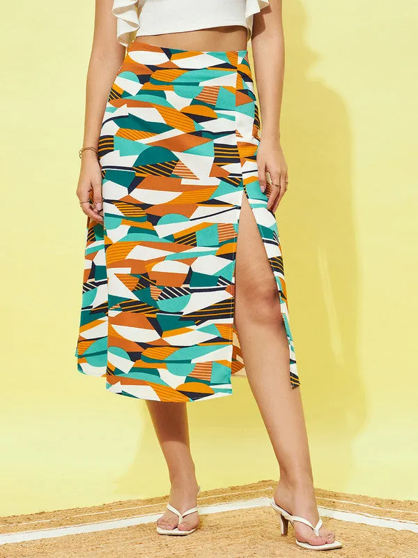 Berrylush Women Teal, Orange, & White Abstract Printed Crepe Thigh-High Slit Flared A-Line Midi Skirt