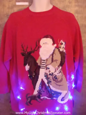 BEST Santa Riding Reindeer Light Up Ugly Xmas Sweater