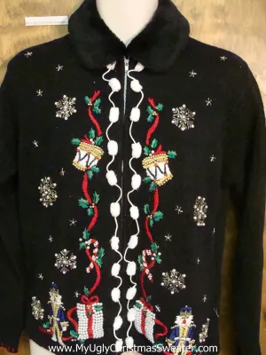 Black Horrible Christmas Sweater with Furry Collar