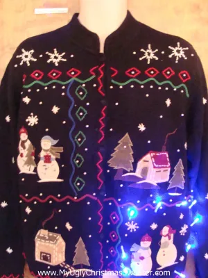 Black Snowman Themed Light Up Cheesy Christmas Sweater