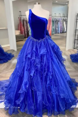 Blue Velvet Tulle One Shoulder Prom Dress Blue Floor Length Evening Dress