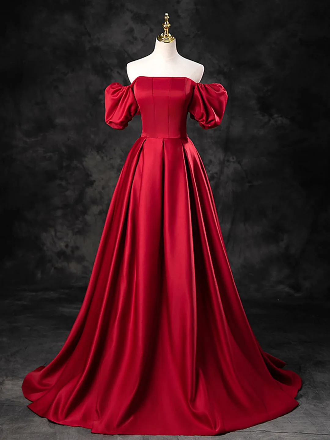 Burgundy Satin Off the Shoulder Formal Dress A-Line Burgundy Evening Dress