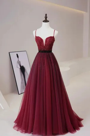 Burgundy Tulle Beaded Long Prom Dress A-Line Spaghetti Strap Evening Dress