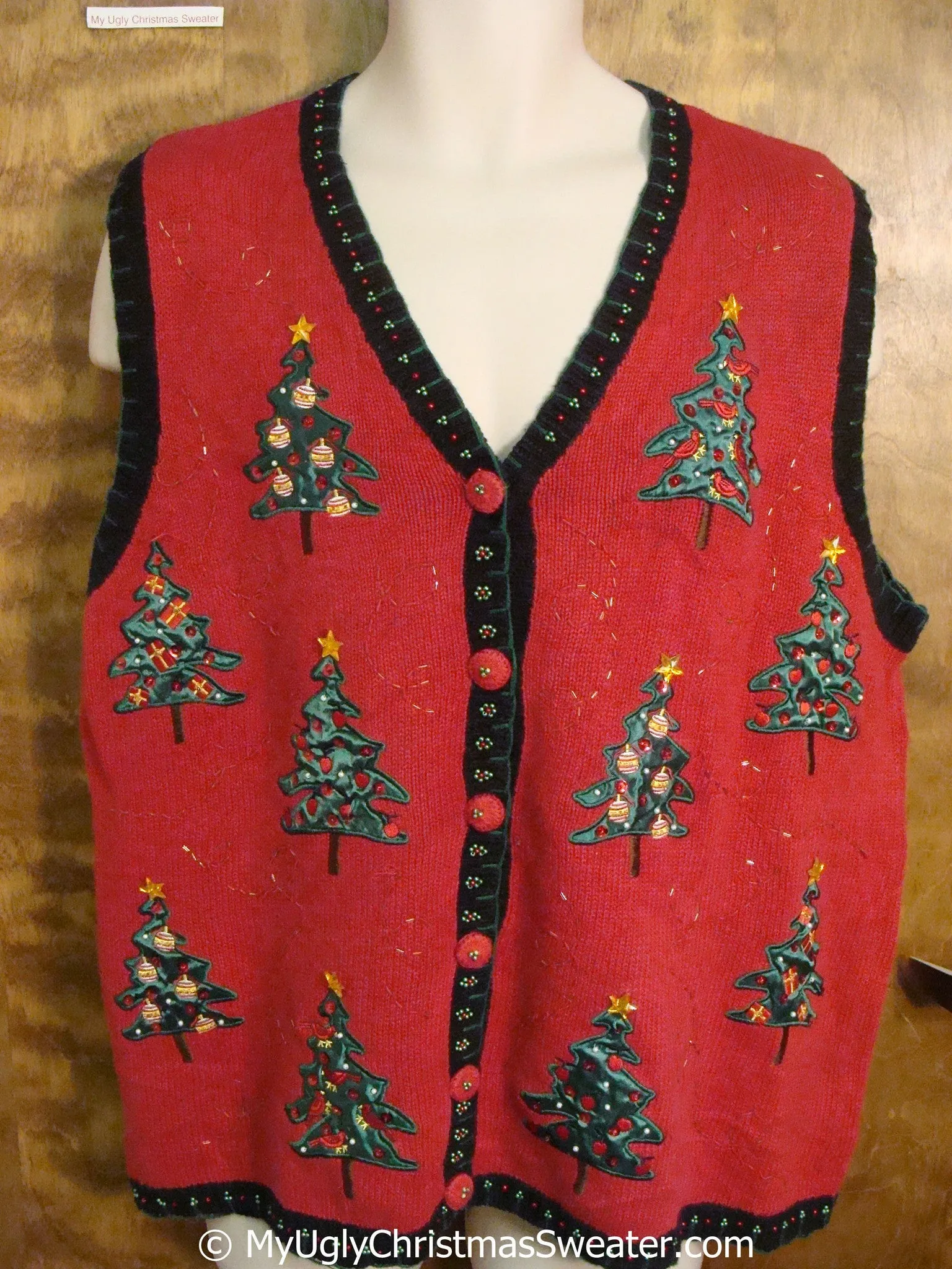 Cheap Red and Green Christmas Sweater Vest with Trees