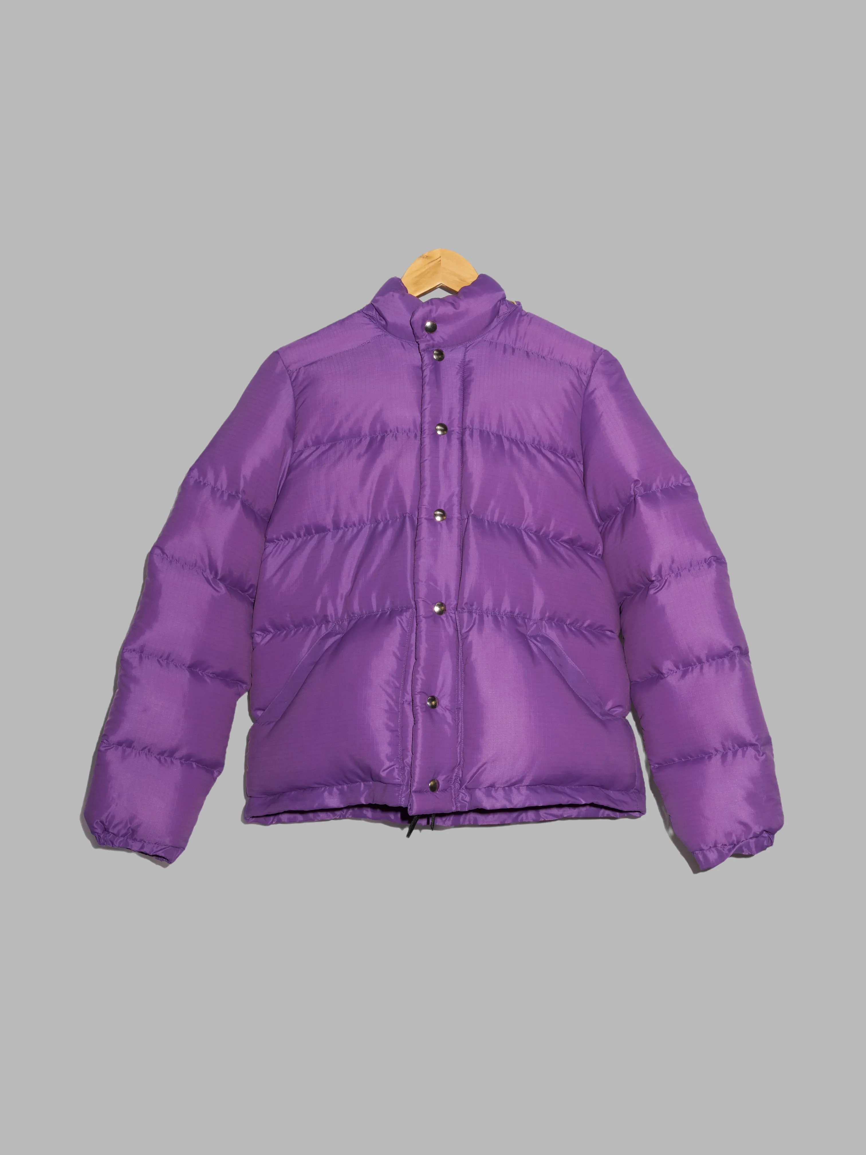 Crescent Down Works purple nylon down hooded puffer jacket