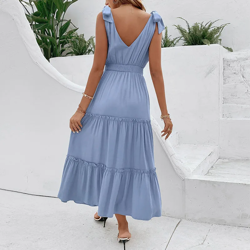 Cross-back Sleeveless Solid Color Spaghetti Strap High Waist Maxi Dress