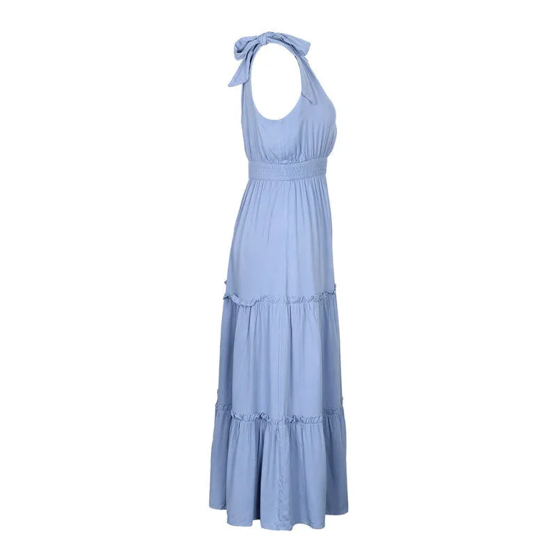 Cross-back Sleeveless Solid Color Spaghetti Strap High Waist Maxi Dress