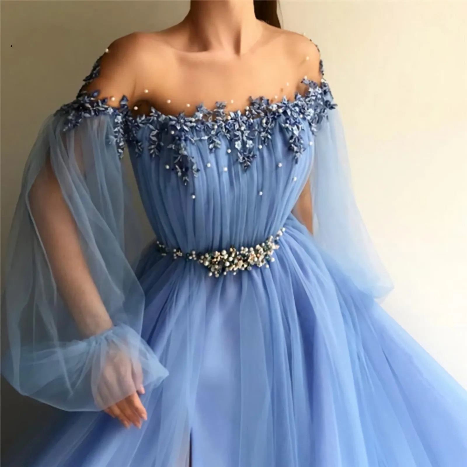 Custom Made Long Sleeves Baby Blue Tulle Long Prom Dress With Slit Baby Blue Formal Dress Blue Long Sleeves Evening Dress