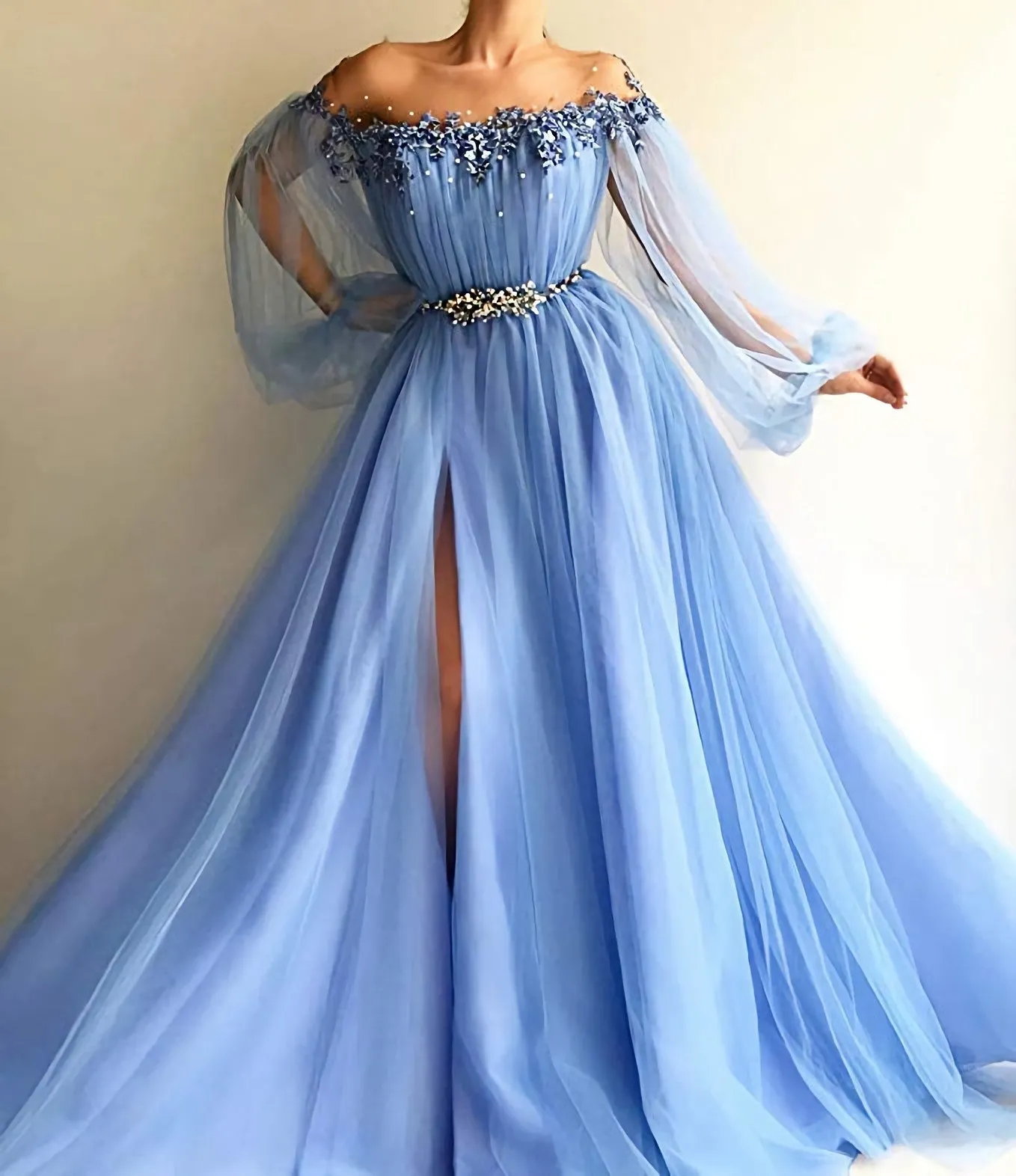 Custom Made Long Sleeves Baby Blue Tulle Long Prom Dress With Slit Baby Blue Formal Dress Blue Long Sleeves Evening Dress