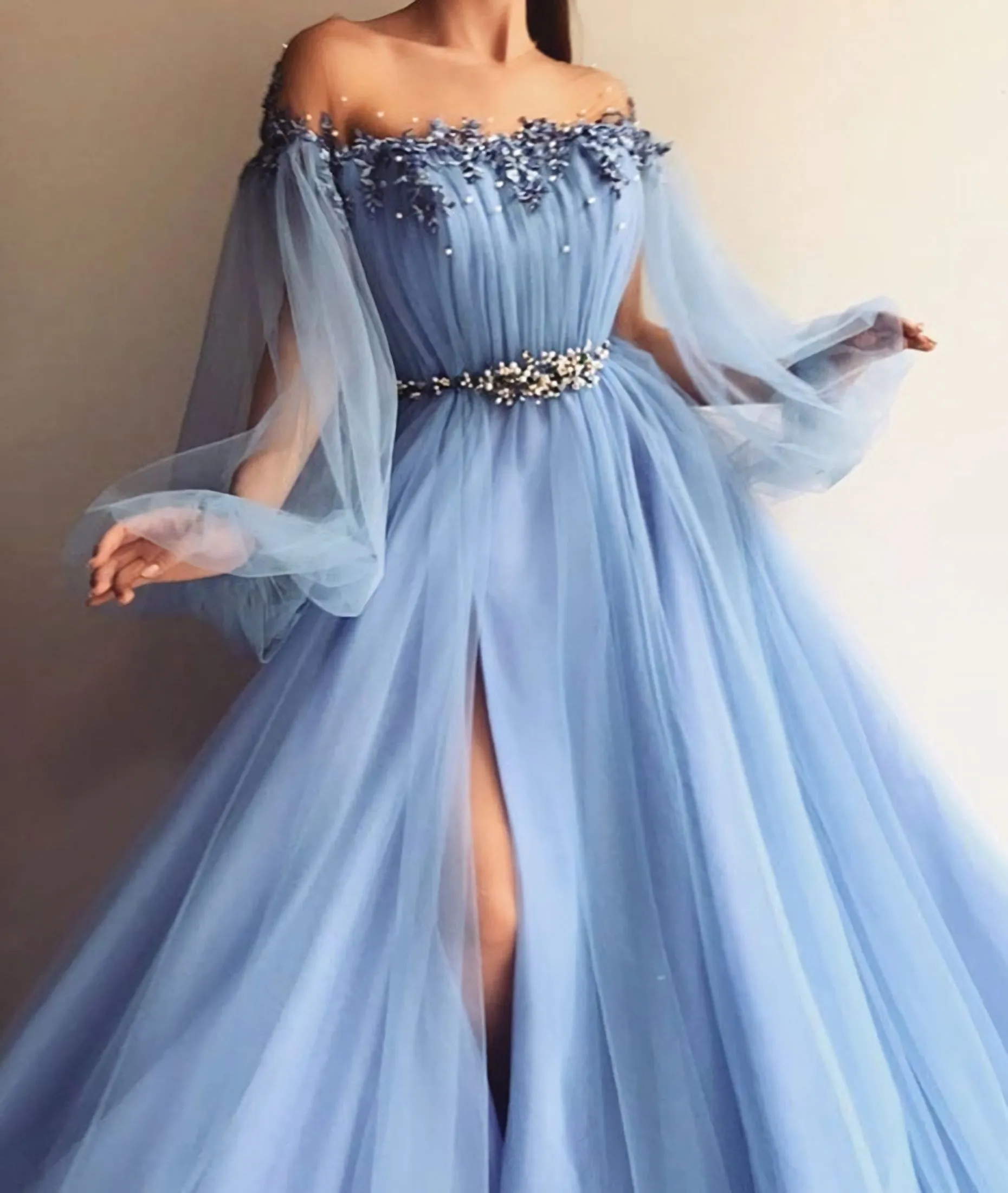 Custom Made Long Sleeves Baby Blue Tulle Long Prom Dress With Slit Baby Blue Formal Dress Blue Long Sleeves Evening Dress