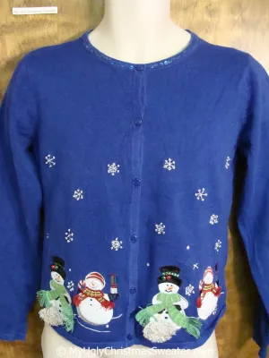 Cute Bright Blue Ugly Christmas Sweater with Snowmen