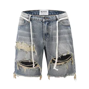 Damaged Burr Edge Hanging Beard Washed High Street Big Hole Denim Shorts