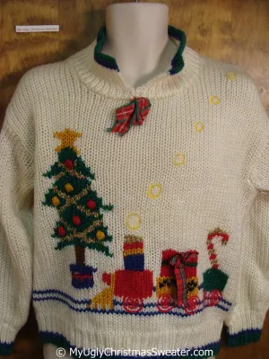 Fun 80s Pullover Christmas Sweater with Tree and Toy Train