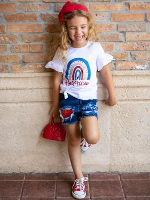 Girls "America" Top and Sequin Denim Shorts with Sash Set