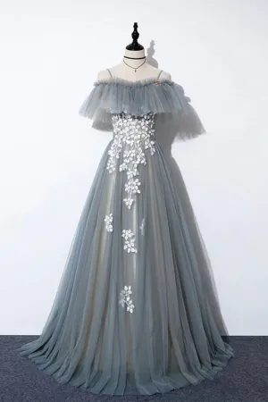 Gray Tulle Lace Long Prom Dress A-Line Evening Dress