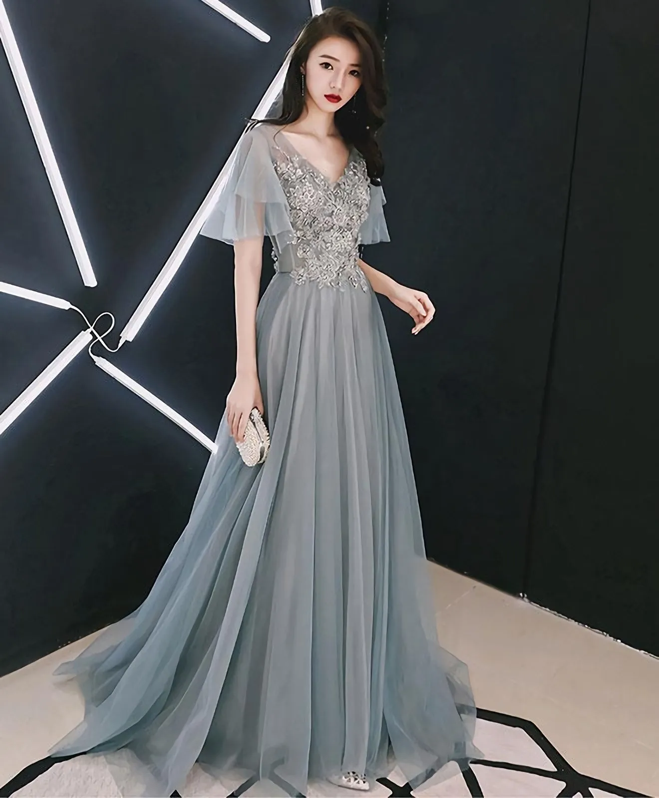 Gray V Neck Cap Sleeve Tulle Lace Long Prom Dress Evening Dress