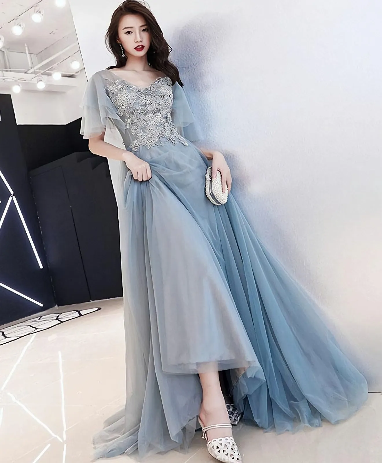 Gray V Neck Cap Sleeve Tulle Lace Long Prom Dress Evening Dress