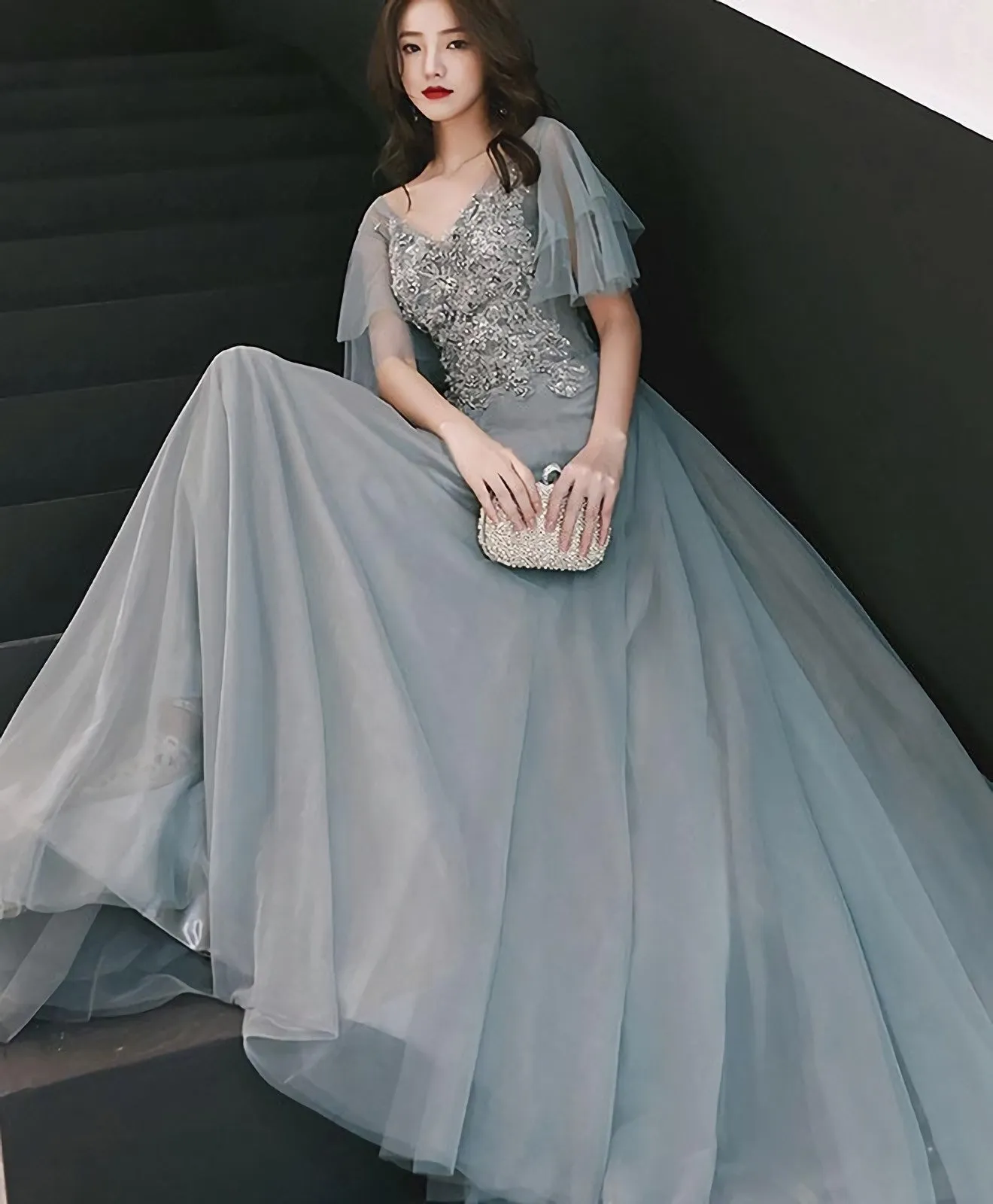 Gray V Neck Cap Sleeve Tulle Lace Long Prom Dress Evening Dress