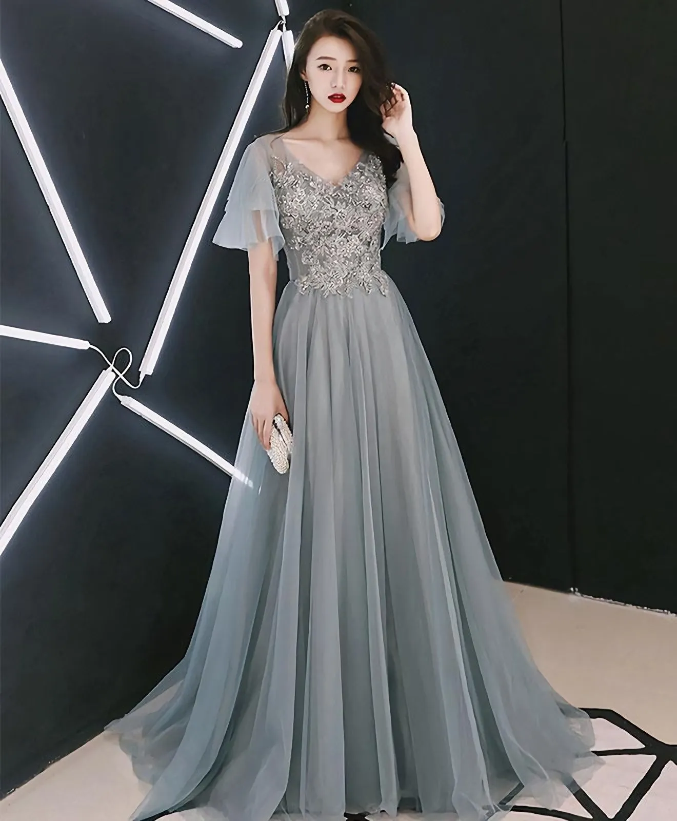 Gray V Neck Cap Sleeve Tulle Lace Long Prom Dress Evening Dress