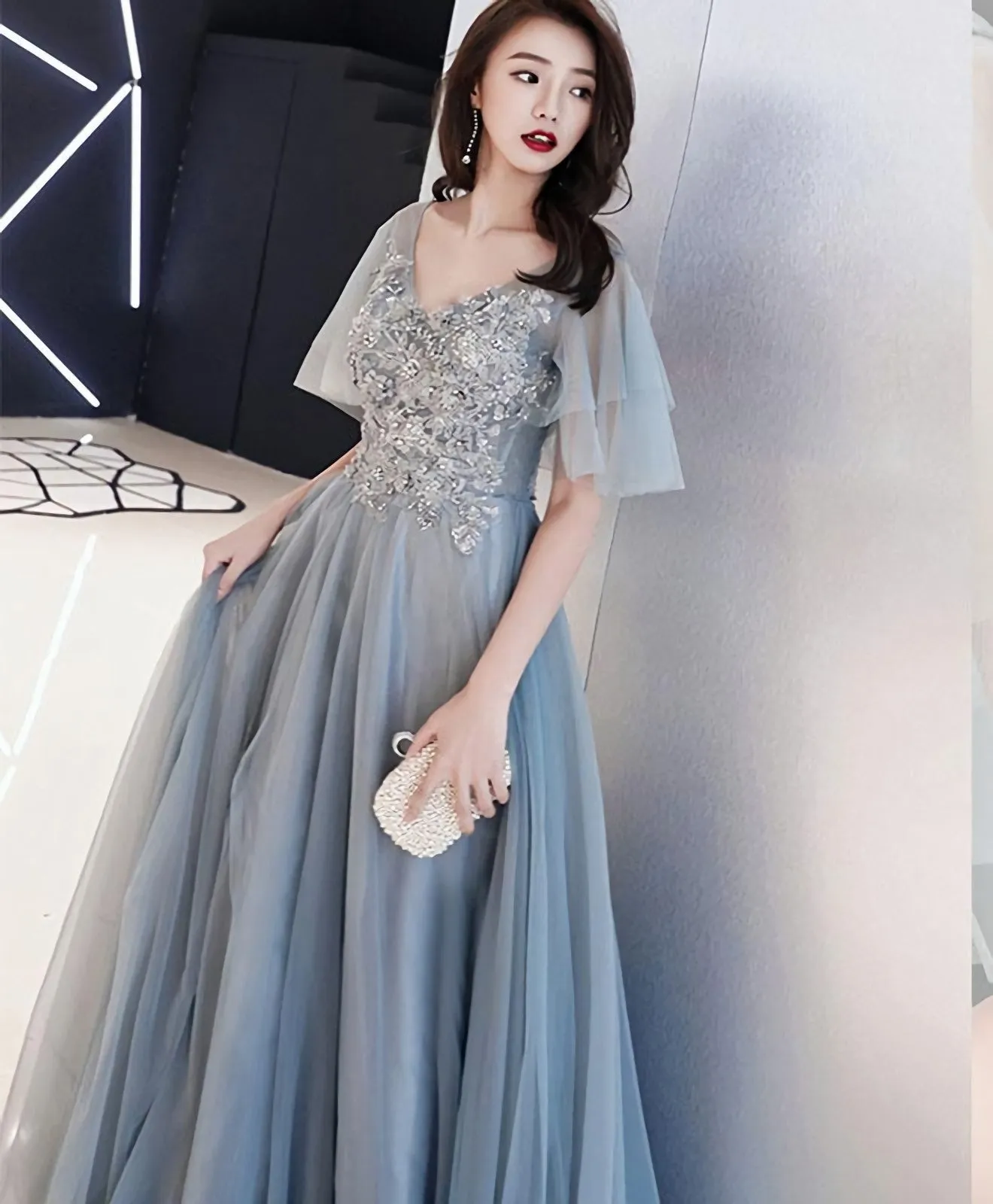 Gray V Neck Cap Sleeve Tulle Lace Long Prom Dress Evening Dress