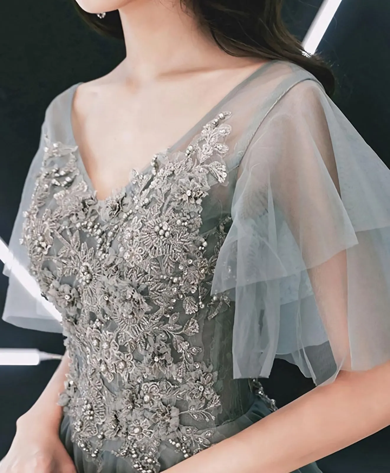 Gray V Neck Cap Sleeve Tulle Lace Long Prom Dress Evening Dress