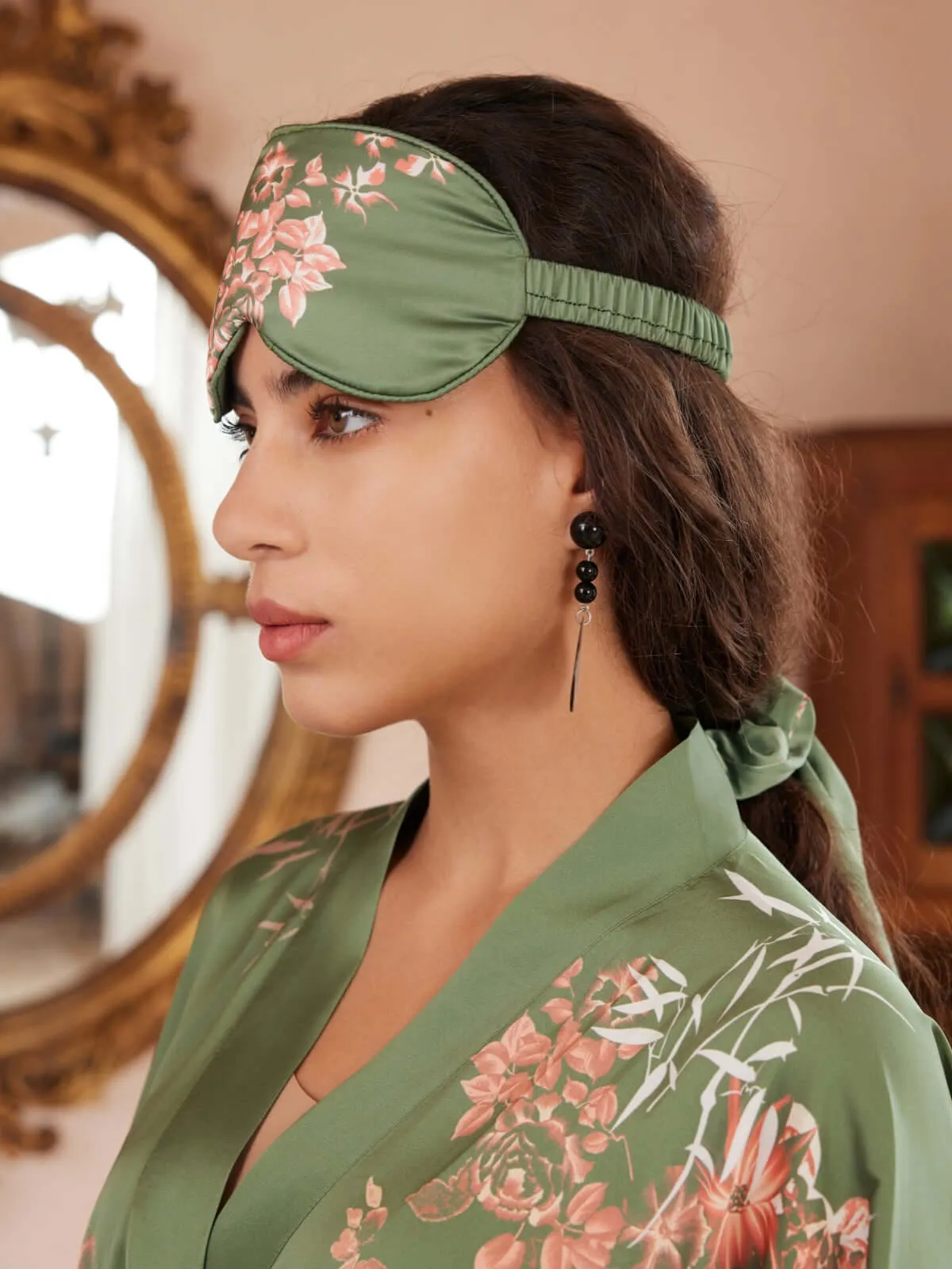 Green Charmeuse Floral Asian Inspired Sleep Mask