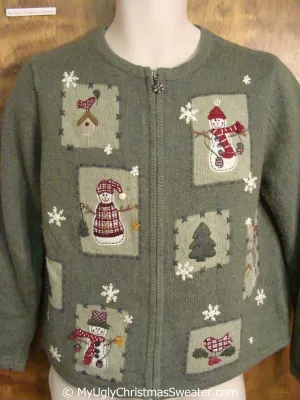 Green Christmas Sweater with Patchwork Snowmen