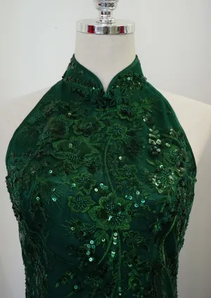 Green Lilies Halter Lace Qipao